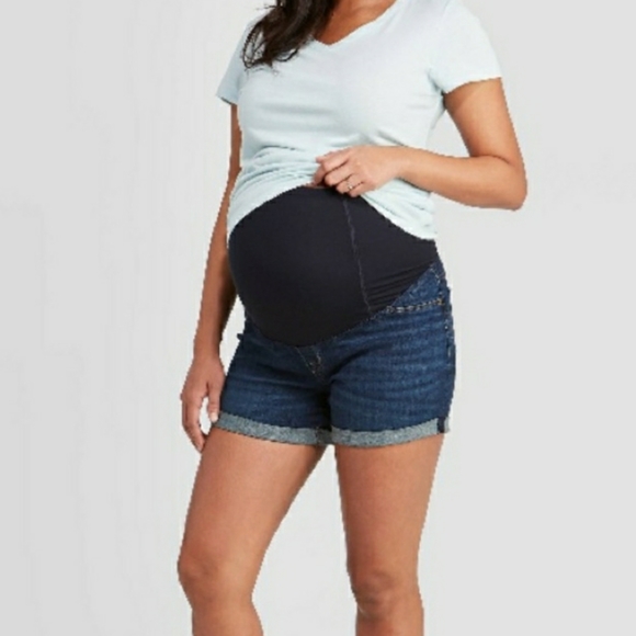 Size 4 NWT Maternity Midi Shorts Medium Blue Denim Crossover Panel - Picture 6 of 12